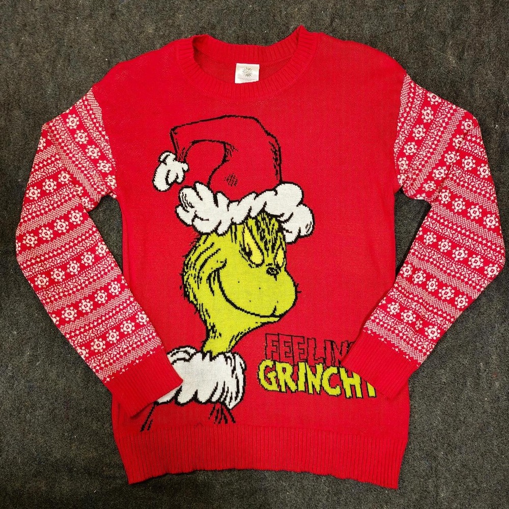 Dr. Seuss The Grinch Christmas Sweater Red Fair Isle Sleeve Holiday Womens L
